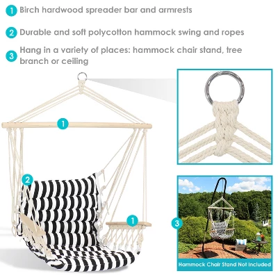 Sunnydaze Decor Sunnydaze Outdoor Printed Polycotton Fabric Hammock Chair With Armrests And Hardwood Spreader Bar - 300 Lb Capacity - Contrasting Stripes 10 Sunnydaze Decor Sunnydaze Outdoor Printed Polycotton Fabric Hammock Chair With Armrests And Hardwood Spreader Bar - 300 Lb Capacity - Contrasting Stripes - Image 8