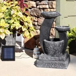 Sunnydaze Decor Sunnydaze Outdoor Modern Cascading Bowls Solar Powered Water Fountain With Battery Backup, LED Lights, And Submersible Pump - 28" - Black -Sunnydaze Decor GUEST 07498118 1638 4c66 b385 3df8e314dc30