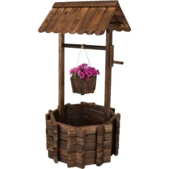 Sunnydaze Decor Sunnydaze Outdoor Fir Wood Wishing Well Garden Planter With Hanging Flower Bucket For Garden Or Yard - 45" H - Brown -Sunnydaze Decor GUEST 094c0abd 4c70 4bde 881b a7647ec4ca65