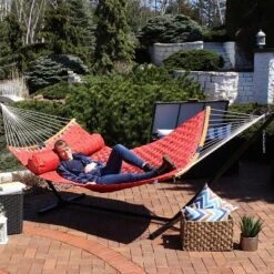 Sunnydaze Decor Sunnydaze Polyester Quilted Weave 2-Person Hammock With Curved Bamboo Spreader Bars - 450 Lb Weight Capacity - Salmon 14 Sunnydaze Decor Sunnydaze Polyester Quilted Weave 2-Person Hammock With Curved Bamboo Spreader Bars - 450 Lb Weight Capacity - Salmon -Sunnydaze Decor GUEST 25494b2f e1b6 43a4 82ac 0ba8b52f0a19