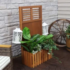 Sunnydaze Decor Sunnydaze Outdoor Garden Meranti Wood With Teak Oil Finish Planter Box With Privacy Screen And 2 Hooks For Hanging Basket Planters - 44" H - Brown