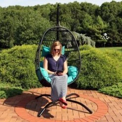 Sunnydaze Decor Sunnydaze Outdoor Resin Wicker Patio Dalia Hanging Basket Egg Chair With Cushions, Headrest, And Steel Stand Set - Teal - 3pc -Sunnydaze Decor GUEST 3776b64b ab75 4ffb a442 a493b35ccab9