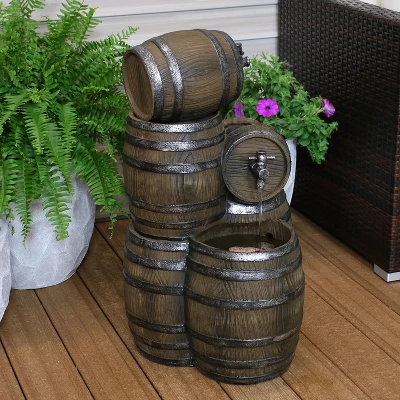 Sunnydaze Decor Sunnydaze 29"H Electric Polyresin Stacked Whiskey Barrel Outdoor Water Fountain With LED Lights 3 Sunnydaze Decor Sunnydaze 29"H Electric Polyresin Stacked Whiskey Barrel Outdoor Water Fountain With LED Lights
