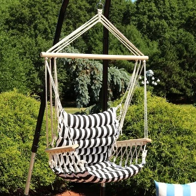 Sunnydaze Decor Sunnydaze Outdoor Printed Polycotton Fabric Hammock Chair With Armrests And Hardwood Spreader Bar - 300 Lb Capacity - Contrasting Stripes 3 Sunnydaze Decor Sunnydaze Outdoor Printed Polycotton Fabric Hammock Chair With Armrests And Hardwood Spreader Bar - 300 Lb Capacity - Contrasting Stripes