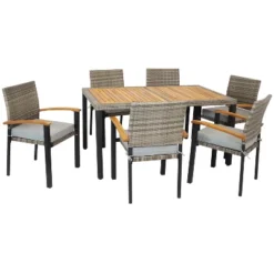 Sunnydaze Decor Sunnydaze Outdoor Rattan And Acacia Wood Carlow Patio Dining Set With Table, Chairs, And Seat Cushions - 7pc -Sunnydaze Decor GUEST 47986362 568d 4ef4 9e29 59d689ec6f37
