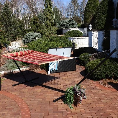 Sunnydaze Decor Sunnydaze 2-Person Quilted Fabric Spreader Bar Hammock With Detachable Pillow And Stand - 400 Lb Weight Capacity/15' Stand 3 Sunnydaze Decor Sunnydaze 2-Person Quilted Fabric Spreader Bar Hammock With Detachable Pillow And Stand - 400 Lb Weight Capacity/15' Stand