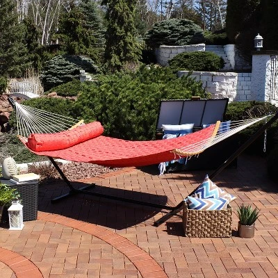 Sunnydaze Decor Sunnydaze Polyester Quilted Weave 2-Person Hammock With Curved Bamboo Spreader Bars - 450 Lb Weight Capacity - Salmon 3 Sunnydaze Decor Sunnydaze Polyester Quilted Weave 2-Person Hammock With Curved Bamboo Spreader Bars - 450 Lb Weight Capacity - Salmon