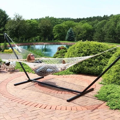 Sunnydaze Decor Sunnydaze Outdoor 2-Person Double Cotton Rope Hammock With Wood Spreader Bar And 15ft Black Steel Stand 4 Sunnydaze Decor Sunnydaze Outdoor 2-Person Double Cotton Rope Hammock With Wood Spreader Bar And 15ft Black Steel Stand - Image 2