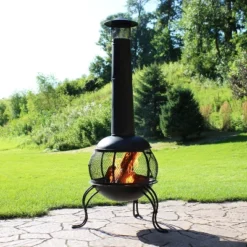 Sunnydaze Decor Sunnydaze Outdoor Backyard Patio Steel Wood-Burning Fire Pit Chiminea With Rain Cap And Mesh Sides - 66" - Black