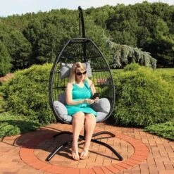 Sunnydaze Decor Sunnydaze Outdoor Resin Wicker Patio Delaney Hanging Basket Egg Chair With Cushions, Headrest, And Steel Stand Set - Gray - 3pc -Sunnydaze Decor GUEST 594e6db9 b73a 435c 9c5c d15ad800819d