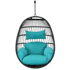 Sunnydaze Decor Sunnydaze Outdoor Resin Wicker Patio Dalia Hanging Basket Egg Chair With Cushions And Headrest - Teal - 2pc -Sunnydaze Decor GUEST 5bffd706 fa31 4ede a9bc 7b95d8383327
