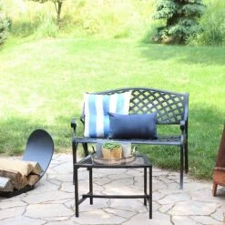 Sunnydaze Decor Sunnydaze 2-Person Checkered Design Cast Aluminum Outdoor Patio Bench, Black -Sunnydaze Decor GUEST 64b6f49a bf21 4455 ad5d 9d901c1c76de