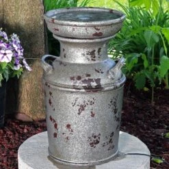 Sunnydaze Decor Sunnydaze 20"H Electric Polystone Farmhouse Vintage Milk Can Birdbath Outdoor Water Fountain With LED Lights