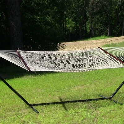 Sunnydaze Decor Sunnydaze Outdoor 2-Person Double Cotton Rope Hammock With Wood Spreader Bar And 15ft Black Steel Stand 7 Sunnydaze Decor Sunnydaze Outdoor 2-Person Double Cotton Rope Hammock With Wood Spreader Bar And 15ft Black Steel Stand - Image 5