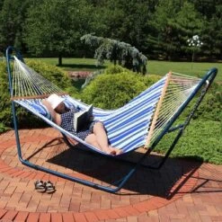 Sunnydaze Decor Sunnydaze Outdoor 2-Person Double Polyester Quilted Hammock With Wood Spreader Bar And Matte Blue Steel Multi-Use Stand - Catalina Beach -Sunnydaze Decor GUEST 8a71b1de 7636 4ca6 aac0 01db0881a73a