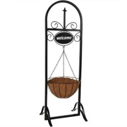 Sunnydaze Decor Sunnydaze Indoor/Outdoor Iron Construction Decorative Welcome Sign And Coco Grass Liner Hanging Basket Planter Stand - 48" H - Black -Sunnydaze Decor GUEST 8c49d600 48b3 4112 a811 04cf52d26c6a