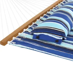 Sunnydaze Decor Sunnydaze Outdoor 2-Person Double Polyester Quilted Hammock With Wood Spreader Bar And Matte Blue Steel Multi-Use Stand - Catalina Beach -Sunnydaze Decor GUEST 8fae69ba 6c30 4966 bcc6 e67e7c2b0810