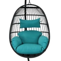 Sunnydaze Decor Sunnydaze Outdoor Resin Wicker Patio Dalia Hanging Basket Egg Chair With Cushions, Headrest, And Steel Stand Set - Teal - 3pc -Sunnydaze Decor GUEST 9d60c076 bd06 47b7 8e73 407b571d8c9f