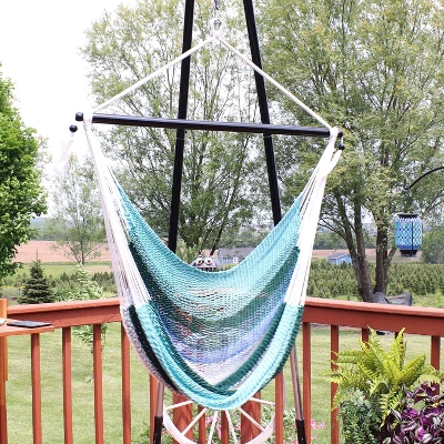 Sunnydaze Decor Sunnydaze Polyester Rope Hanging Caribbean-Style Hammock Chair Swing For Patio, Porch, Or Yard - Lagoon Stripes 3 Sunnydaze Decor Sunnydaze Polyester Rope Hanging Caribbean-Style Hammock Chair Swing For Patio, Porch, Or Yard - Lagoon Stripes