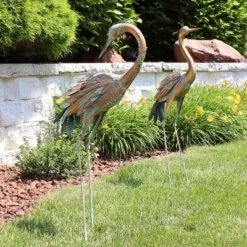 Sunnydaze Decor Sunnydaze Golden Crane Metal Outdoor Elegant Garden Statue - Gold/Blue – 2pc