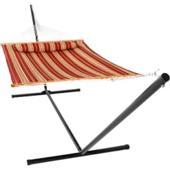 Sunnydaze Decor Sunnydaze 2-Person Quilted Fabric Spreader Bar Hammock With Detachable Pillow And Stand - 400 Lb Weight Capacity/15' Stand 23 Sunnydaze Decor Sunnydaze 2-Person Quilted Fabric Spreader Bar Hammock With Detachable Pillow And Stand - 400 Lb Weight Capacity/15' Stand -Sunnydaze Decor GUEST b87432ae 7edb 4edd a656 974fa8a3fb96