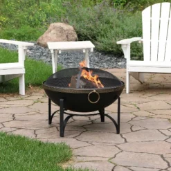 Sunnydaze Decor Sunnydaze Outdoor Camping Or Backyard Steel Contemporary Fire Pit Bowl With Handles And Spark Screen - 26" - Black