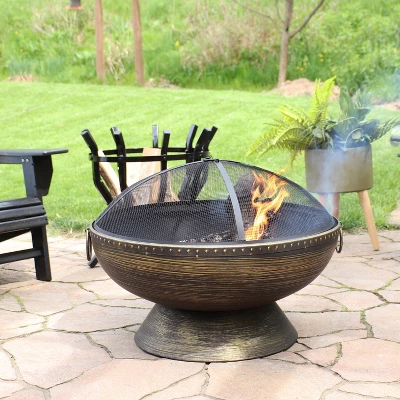 Sunnydaze Decor Sunnydaze Outdoor Camping Or Backyard Large Fire Pit Bowl With Spark Screen, Log Poker, And Metal Wood Grate - 30" - Bronze 3 Sunnydaze Decor Sunnydaze Outdoor Camping Or Backyard Large Fire Pit Bowl With Spark Screen, Log Poker, And Metal Wood Grate - 30" - Bronze