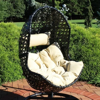 Sunnydaze Decor Sunnydaze Outdoor Resin Wicker Patio Lauren Hanging Basket Egg Chair Swing With Cushions And Headrest - Beige - 2pc 3 Sunnydaze Decor Sunnydaze Outdoor Resin Wicker Patio Lauren Hanging Basket Egg Chair Swing With Cushions And Headrest - Beige - 2pc
