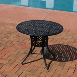 Sunnydaze Decor Sunnydaze Round Lattice Design Cast Aluminum Outdoor Patio Table With Umbrella Hole, Black