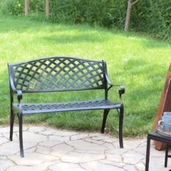 Sunnydaze Decor Sunnydaze 2-Person Checkered Design Cast Aluminum Outdoor Patio Bench, Black -Sunnydaze Decor GUEST ce768cf7 c382 43d9 82f3 44aa1b034084