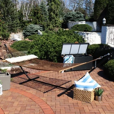 Sunnydaze Decor Sunnydaze Large Double Wide Two-Person Polyester Rope Hammock With Steel Stand - 400 Lb Weight Capacity/15' Stand - Brown 3 Sunnydaze Decor Sunnydaze Large Double Wide Two-Person Polyester Rope Hammock With Steel Stand - 400 Lb Weight Capacity/15' Stand - Brown