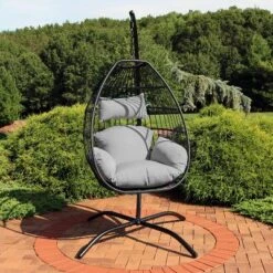 Sunnydaze Decor Sunnydaze Outdoor Resin Wicker Patio Delaney Hanging Basket Egg Chair With Cushions, Headrest, And Steel Stand Set - Gray - 3pc