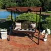 Sunnydaze Decor Sunnydaze 2-Person Outdoor Patio Swing With Adjustable Canopy Shade, Cushions And Pillow, Brown Stripe -Sunnydaze Decor GUEST ef46c8f4 5898 4f2c 9eb6 3e9c00340df2