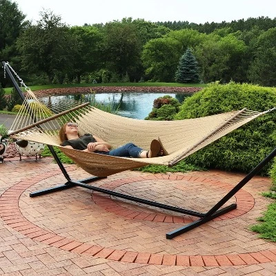 Sunnydaze Decor Sunnydaze Outdoor 2-Person Double Polyester Rope Hammock With Wood Spreader Bar And 15ft Black Steel Stand 8 Sunnydaze Decor Sunnydaze Outdoor 2-Person Double Polyester Rope Hammock With Wood Spreader Bar And 15ft Black Steel Stand - Image 6