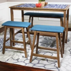 Sunnydaze Decor Sunnydaze Set Of 2 Indoor Wooden Backless Counter-Height Stools - Weathered Oak Finish With Blue Cushions