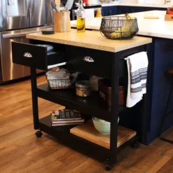 Sunnydaze Decor Sunnydaze MDF Indoor Farmhouse Style Kitchen Island Cart With Drawers And Shelves - 34.25" H - Black